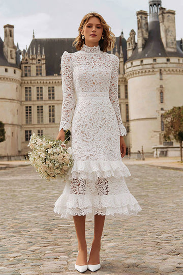 Sheath Lace Ivory Ruffled Wedding Dress With Long Sleeves